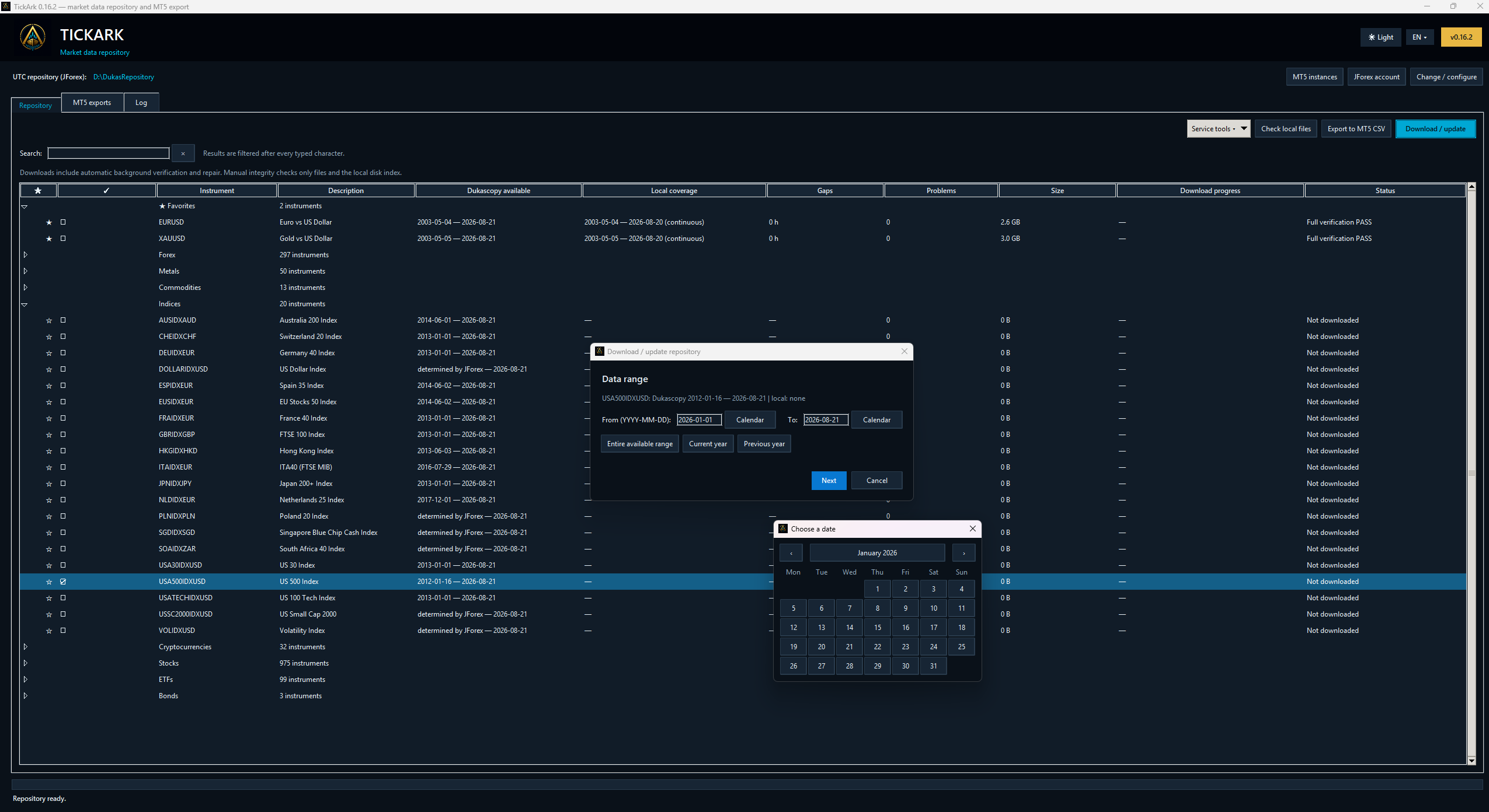 Selecting an exact download date range in TickArk