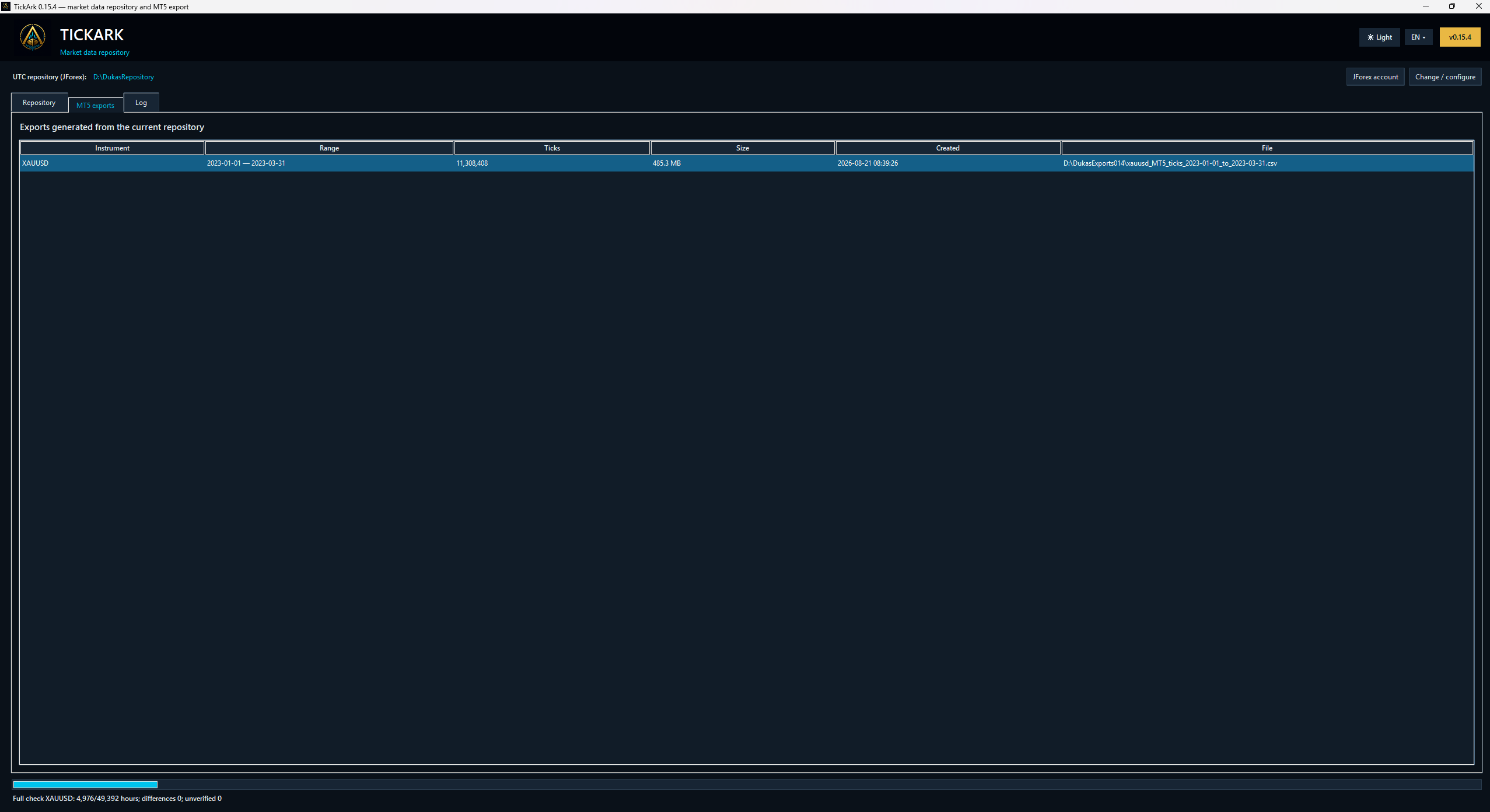 Completed MetaTrader 5 export in Tickark