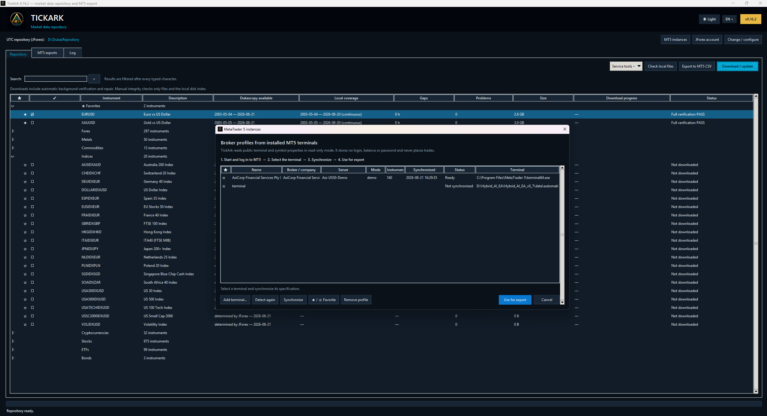 Synchronizing installed MetaTrader 5 terminal profiles in TickArk