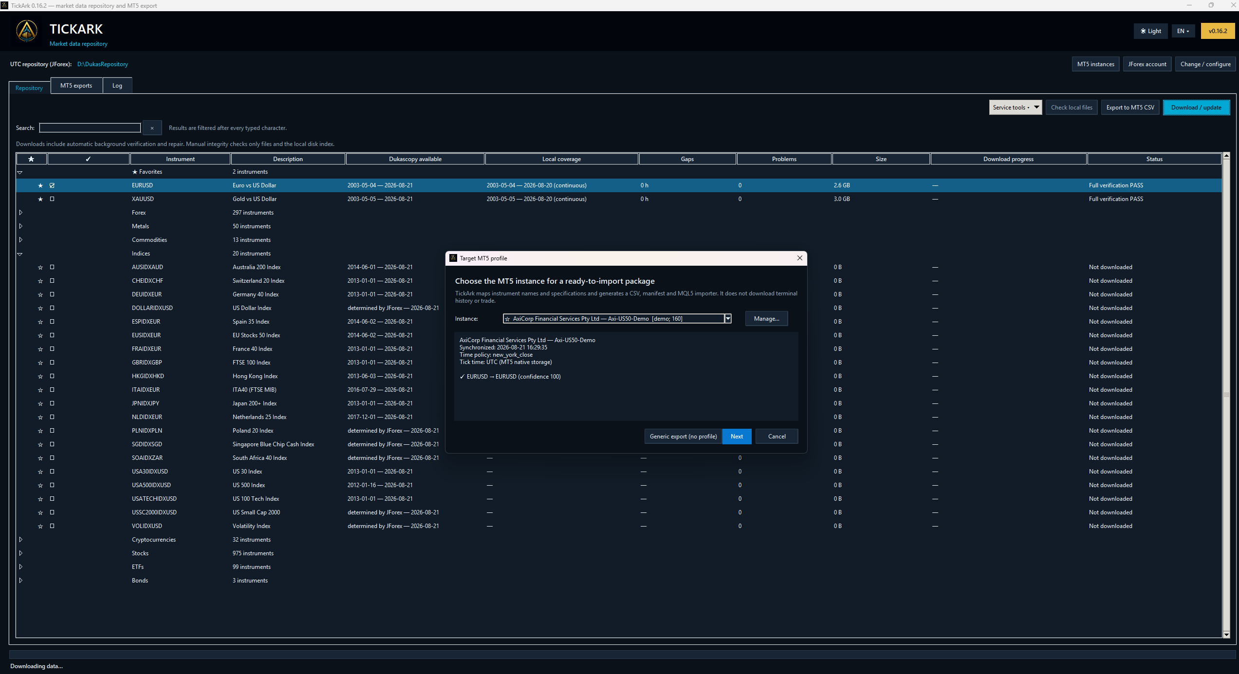 Selecting a broker profile for a TickArk MT5 export